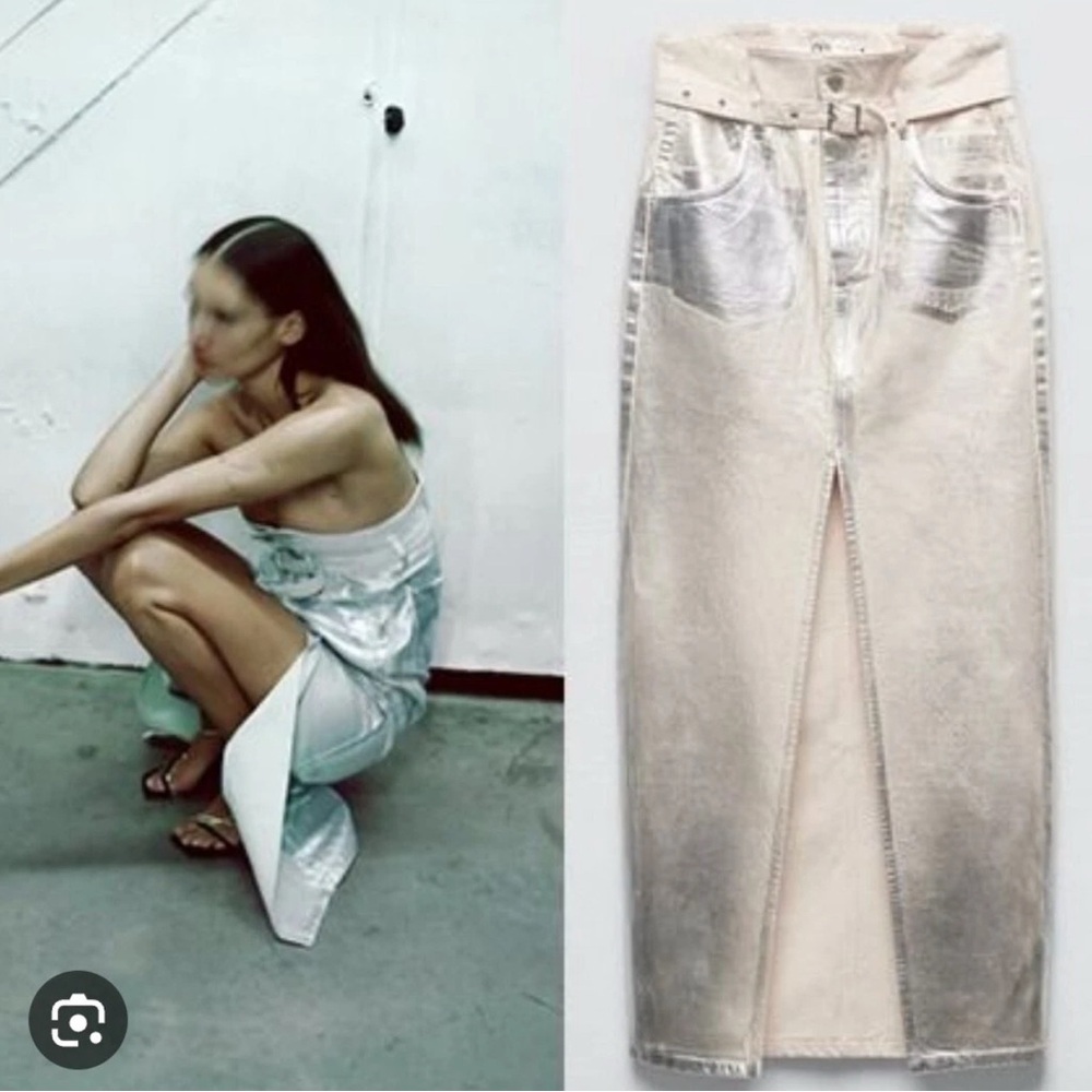 ZARA Metallic Silver Foil High-Waisted Long Skirt – Size L